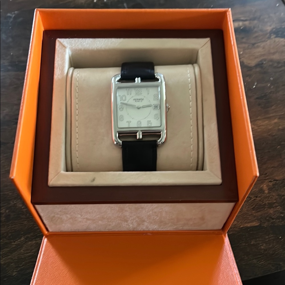 Hermes La Maison Black and Silver Watch with Leather Strap